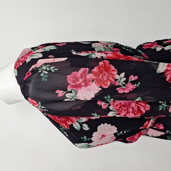 Floral NEW Black Red, Pink Wrap Ruffle Hem Flowy Boho Skater Dress Plus Size 3X - Picture 9 of 16